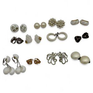 Lot Of 12 Vintage Clip-On Earrings Gold & White Collection Variety Of Styles